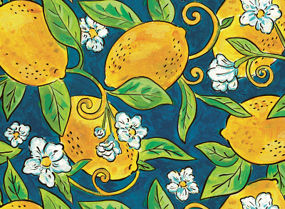 Lemon amalfi blue fashion flower fruit garden gouache illustration italian italy lemon pattern print shirt summer tree white yellow