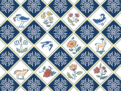 Azulejo azulejo bird blue drawing fashion flower goat grape heron illustration ink pattern portugal roccoco swallow tile wolf