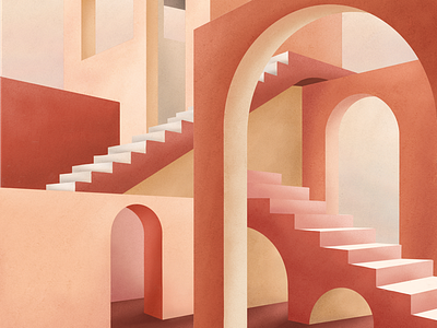 Dédale arch architectural architecture labyrinth maze mediterranean panorama red stairs warren