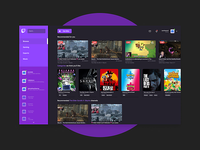 RE:Design - Twitch concept dark dashboad design desktop game gaming purple redesign streaming twitch twitch.tv ui ux