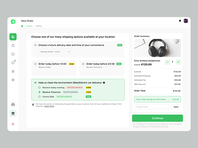 Shipping Options co2 emission custom dashboard delivery delivery date design dribbble droppr environment exploration global warming headphones logistics order order summary order today parcel shipping ui