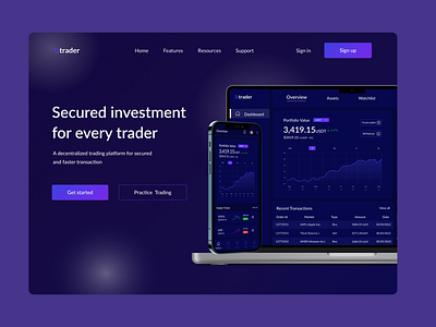 Stock trading hero page design blockchain decentralized stock trading ui web3