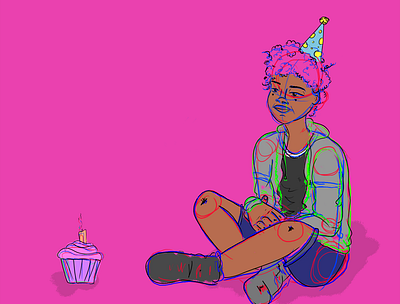 Aleks's Birthday Sketch birthday blue body color design face illustration pink hair portrait raster red rgb