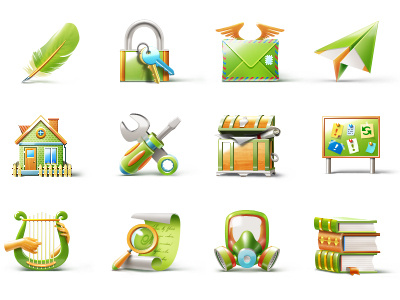 Icons books chest envelope feather gas mask harp icons lock paper airplane setting