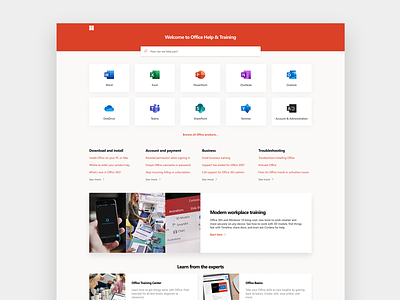 Office support landing page redesign fluent design office web design website