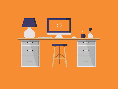 We made a desk blue coffee computer desk flower illustration orange shadow smile vector