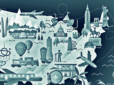 Oh, the places we have clients blue brand branding cities city illustration map plane texture vector water