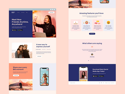 Miami Social App Landing Page Website Design adobe xd figma landing page ui mobile app ui design sketchapp social app social networking app ui design ui kit ui ux design web app web design web designer website website design 应用 应用界面 设计