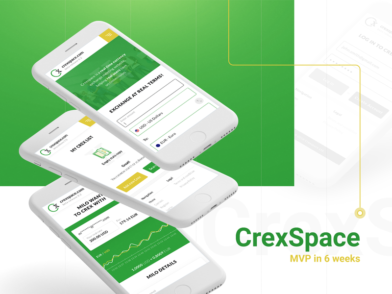 Crexspace - MVP in 6 weeks behance business currency currency exchange form green mobile mvp process social stx next ui ux yellow