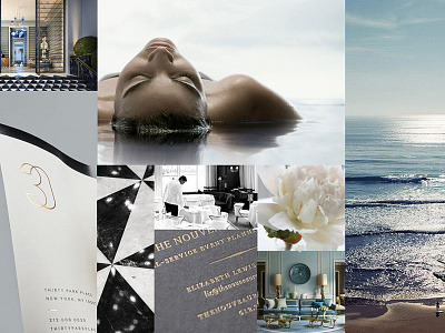 Mood Board // Elysee clean design inspiration flowers gold graphic design inspiration mood board ocean serene spa water woman