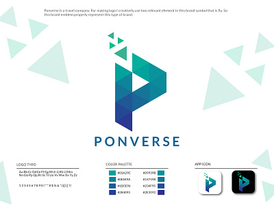 Ponverse Brand Identity | P logo mark app branding branding and identity branding concept fly icon illustration logo logo design logos logotype p letter p letter logo p logo technical technology travel agency travel app travel logo traveling