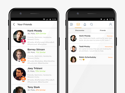 Personality App - Friends & Discoveries android card ui design interface material mobile ui ux