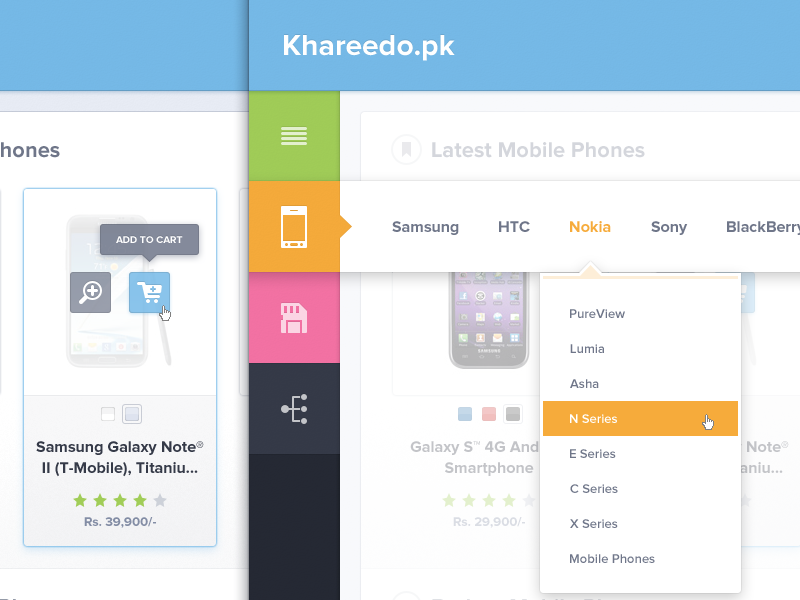 Khareedo ui design ui buttons icons dropdown side bar navigation khareedo.pk khareedo thumbnail mobile iphone memory card offer blue green orange pink pakistan