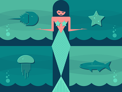Mermaid blue fish horseshoe crab illustraion illustration art illustration digital jellyfish mermaid sea starfish