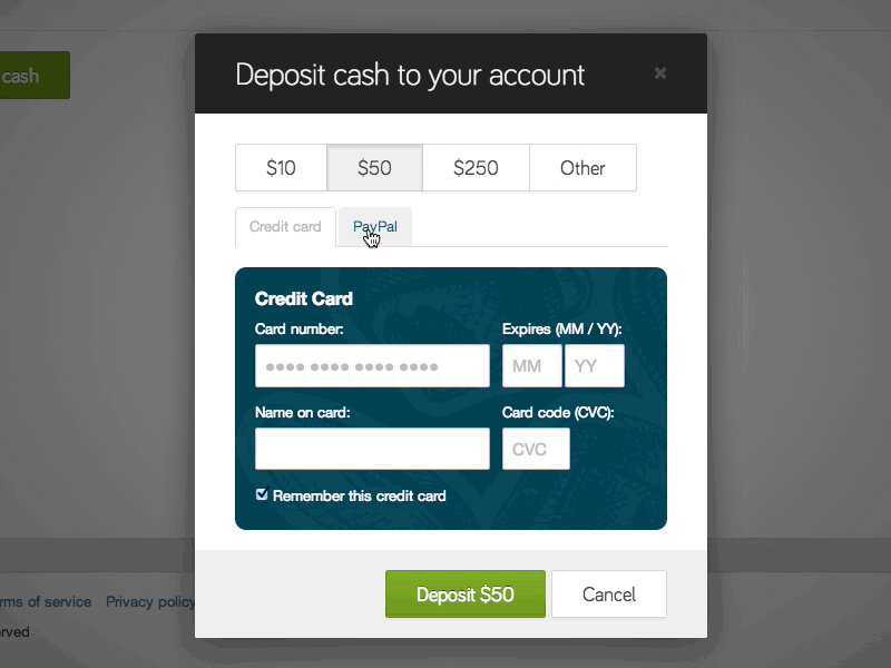 Payment modal (animated)