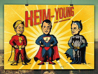 Caricature Commission: Heim-Young & Associates batman caricature city comic book fountain pen illustration marker poster retro shazam super hero superman