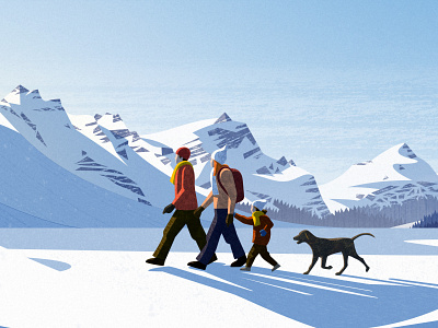 PeakVisor Winter 2021 design dog family hike hiking illustration light mountains snow vector