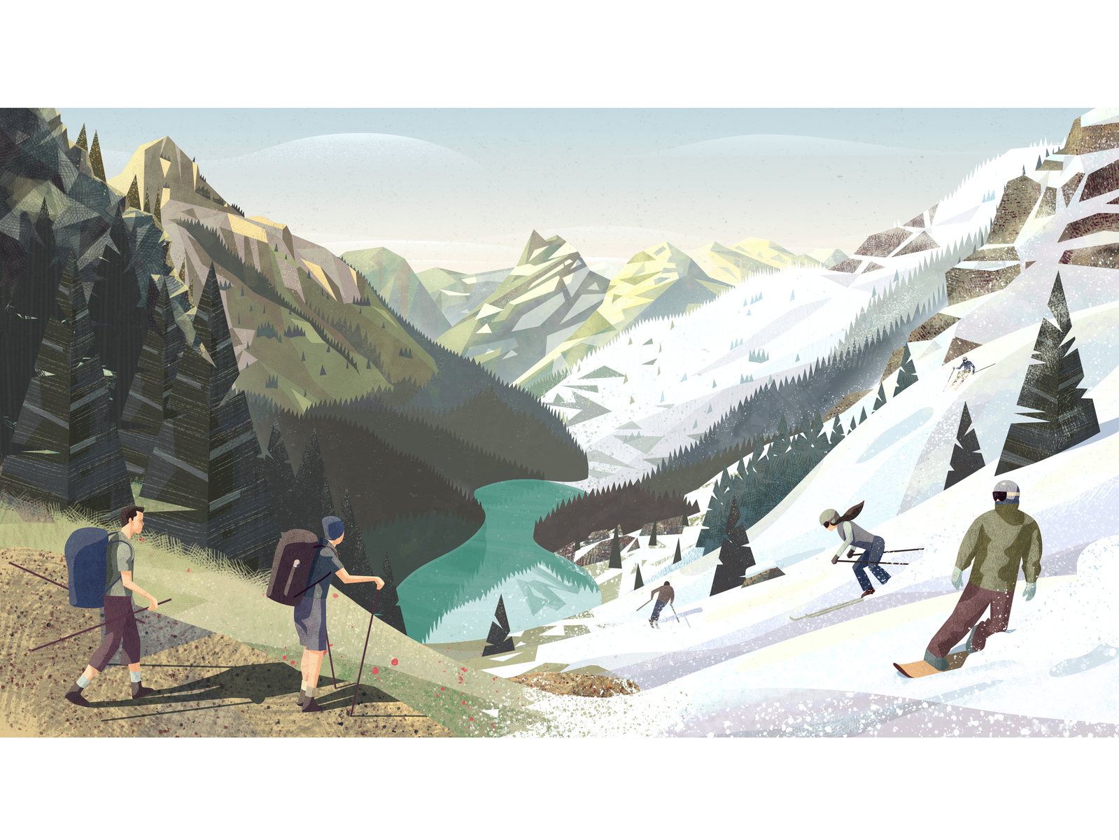 PeakVisor seasonal illustration. From summer to winter. by Jean-Michel ...