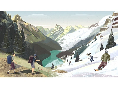 PeakVisor seasonal illustration. From summer to winter. branding design hike hiking illustration lake mountains seasonal ski ski graphics ski resort snow snowboard snowboarder snowboarding snowboards tree vector