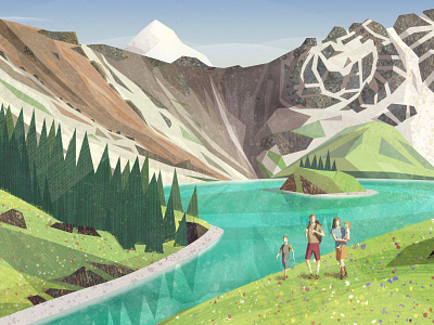 Peakvisor / App Store illustration design hike hiking illustration lake meadow mountains sun sunny vector
