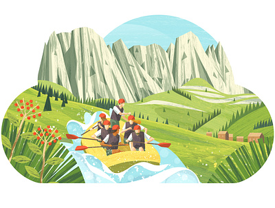 Fattura in cloud design flowers grass illustration meadow mountain mountains people raft rafting vector