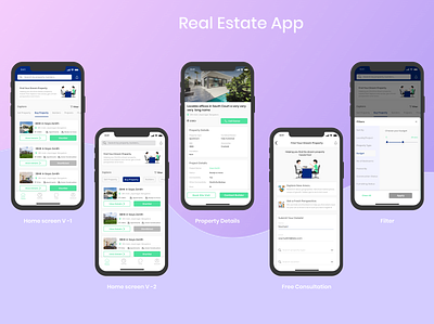 Real Estate App branding buy property card layout filter freeconsultation home screen homescreen mobile design propertydetails real estate uiux visual design