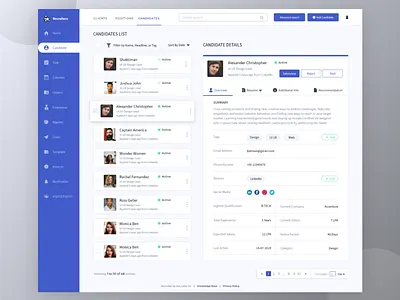 HR Recruitment Software - List of Candidates and detail branding candidate detail home hr interview ios list of candidates mail navigation bar pagination recruitment software reject scedule interview search social links ui user profile ux web website design
