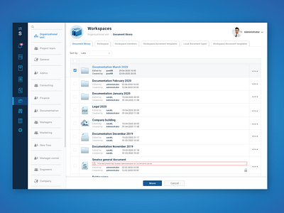 Office Software Interface. Work-spaces table view. blue blue and white business clean clean ui collection concept documentation documents infographics information left nav menu sign submenu table tabs technology