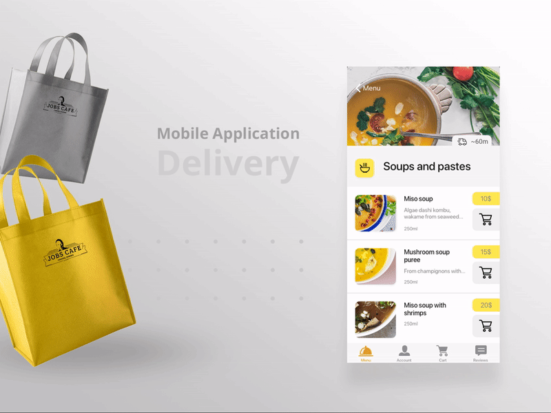 Jobs cafe. Delivery(concept) app app design application cafe cafeteria card delivery design design app food food app list menu mobile mobile app mobile design service ui ux yellow