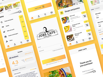 Jobs cafe. Delivery(concept) app application cafe cafeteria cart company delivery design food list login menu mobile orange review screens services ui ux yellow