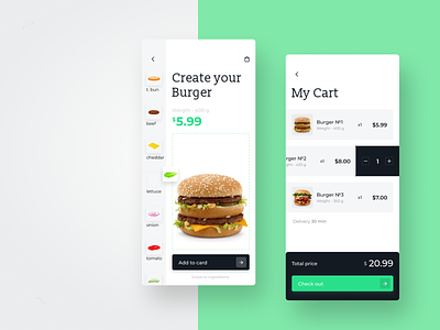 Food UI App app burger cart checkout create delivery fast food food food and drink food app hamburger mobile app mobile ui order order food restaurant total