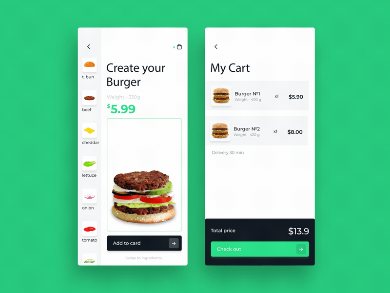 Food UI App. Animation. add to cart animated animation app burger cart checkout create delivery fast food food food app hamburger interaction interaction design interface mobile app mobile ui order total