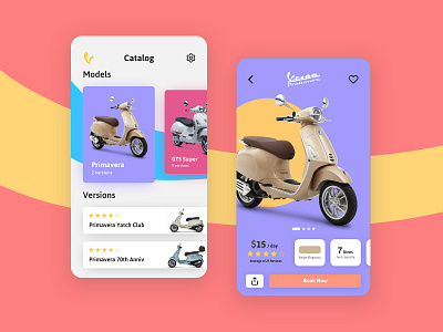 Rebound: Scooter Rent App catalog colorful gold minimal mobile app mobileui payment purple red rent scooter ui uiux vehicle vespa