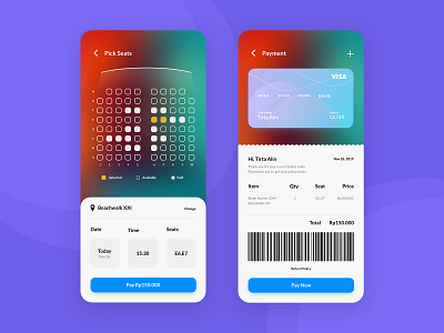 Cinema App: Pick Seats & Payment barcode cinema cinema app credit card gradient mobile app mobile ui payment payment app payments pick seats receipt ui visa