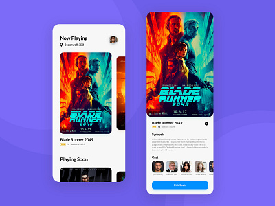 Cinema App: Home & Movie Detail cinema cinema app mobile app mobile ui mobileui movie movie poster purple ticket app ticket booking ui