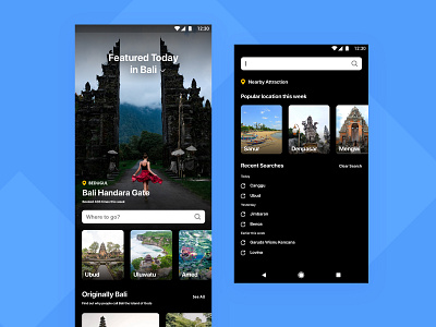 Travel App: Home Screen & Search Screen android ui blue dark dark mode darkmode home screen homepage search search screen travel travel app travelapp