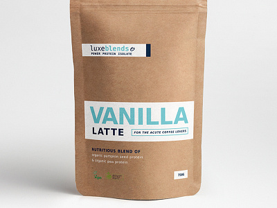 Luxeblends "Vanilla Latte" Protein Powder Concept #1 adobe illustrator adobe photoshop graphic design label design label packaging mockup organic organic food package package design packaging design packaging mockup product design typogaphy vegan