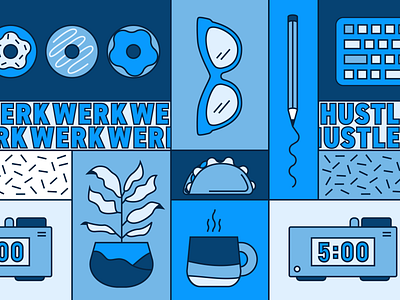 WERKWERKWERK blue donuts grid house plants illustration njimedia office pattern tacos workfromhome