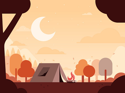 Oh My Gourd, It's November! autumn bonfire camping fall flat design illustration landscape november tent vector