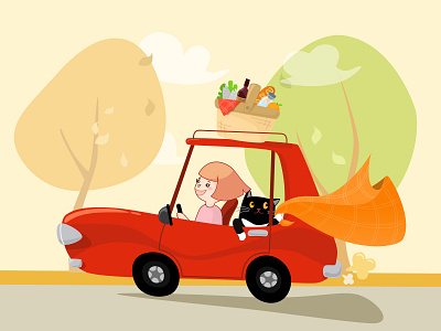 Let's go, go for a picnic 2016 autumn car cat girl graphic illustrator picnic sketch