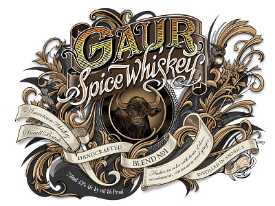 Label design for 'Gaur Spice Whiskey' bottle design label whiskey