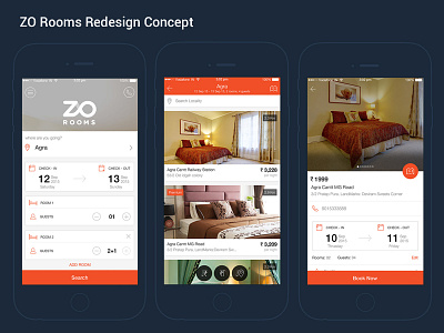 Zo rooms Redesign Concept detail screen home screen hotel app listing screen ui design