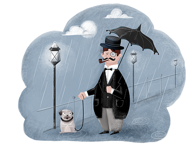 Pug Life character digital illustration london night pug rainy street
