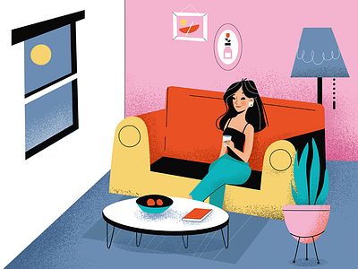 Retro Interior character flat girl illustration interior retro room sitting