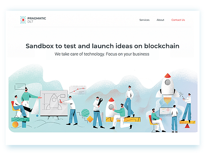 Sandbox to launch and test ideas on blockchain collaboration editorial flat illustration landing launch rocket sandbox team texture work