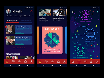 Employee Training+learning app WIP app design application colourful dark app dark theme dashboard illustration invision invision studio mobile interface planet space stars training app ui design user experience design user flow user interface ux design wireframe