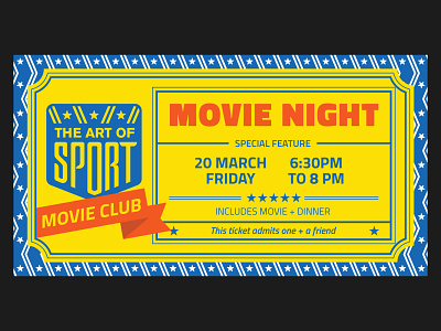 Ticket for Movie night blue branding film club film screening movie movie club screening sport stars stripes ticket yellow