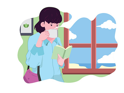 Drinking coffee before go to work coffee design drawing flat flat design illustration ilustrator minimal reading vector vector drawing woman work working