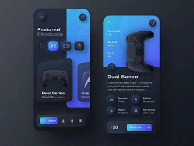 Playstation 5 DualSense - Neumorphic mobile app dark version appmobile dark ui darkmode darktheme gameui gradient neumorph neumorphic neumorphism playstation skeumorphism ui ux videogame