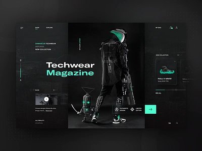 Damascus Techwear Apparel 2021 - web redesign concept clean clothing dark ui darkmode darktheme layout modern mondrianizm neumorphic neumorphism neumorphism ui typography ui ux